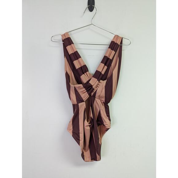 Swim RX One Piece Swimsuit Plunging Neckline Cross Back‎ Striped Pink Small - Picture 5 of 7